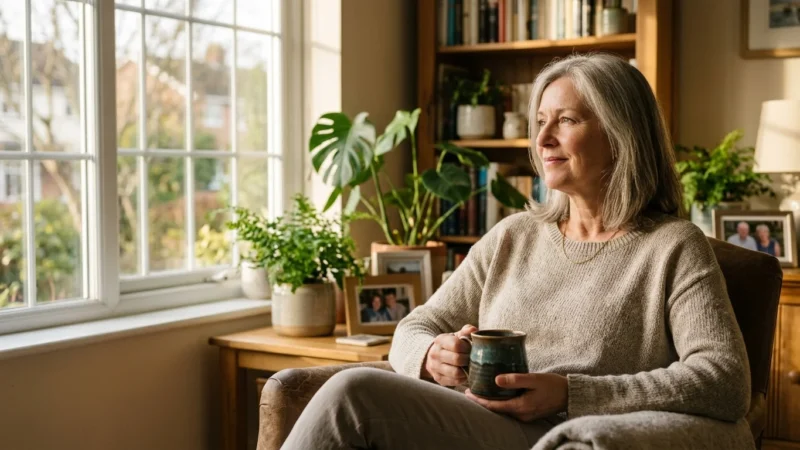 A reflective woman in her early 60s sits in her sunlit living room, holding a ceramic mug and looking out the window.