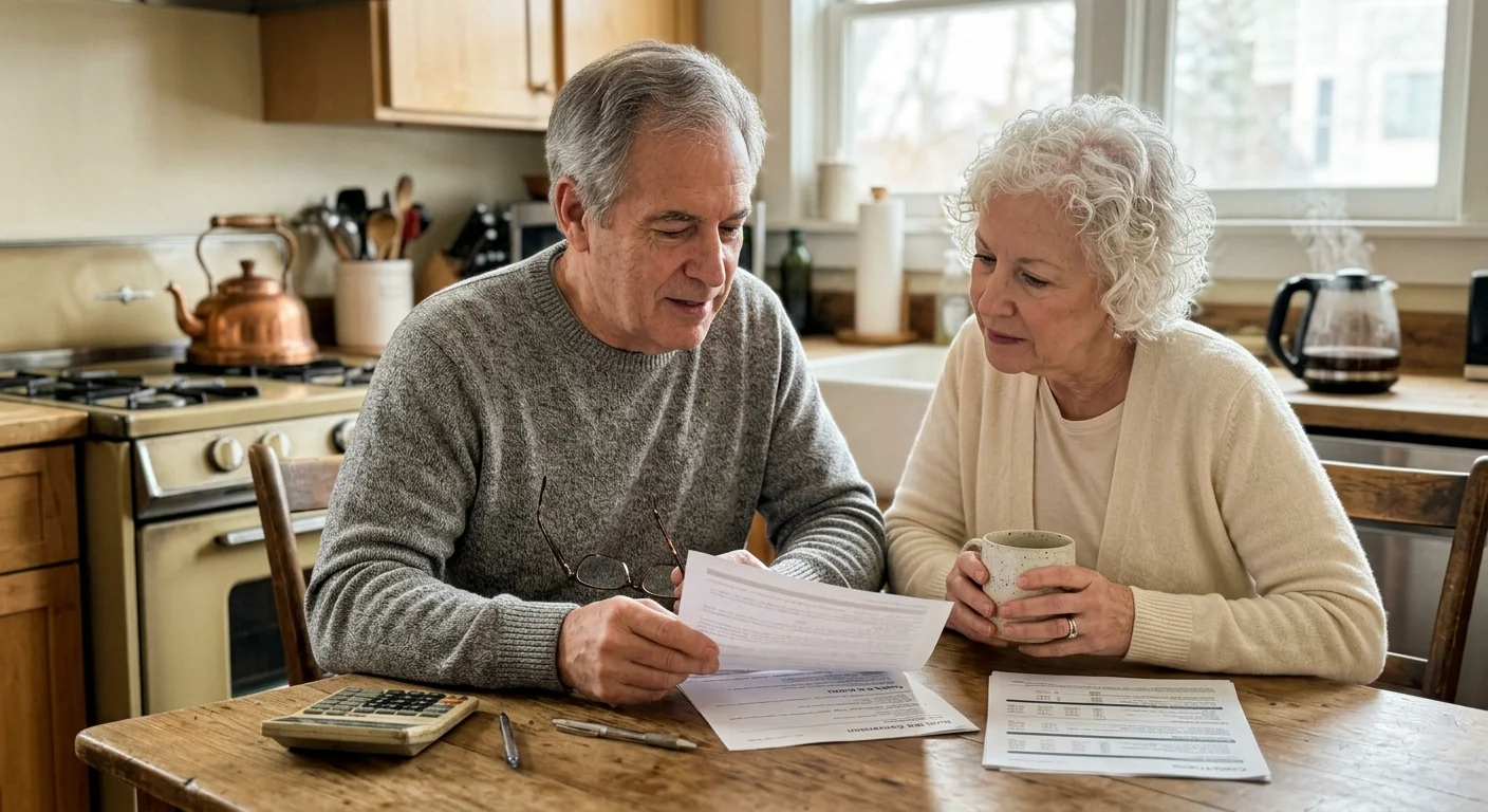 A retired couple at their sunlit kitchen table reviewing a Roth IRA conversion document with a calculator.