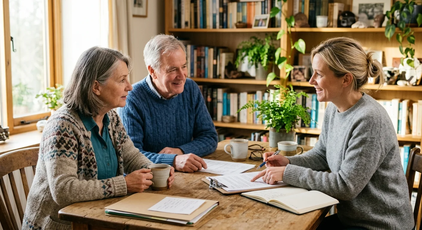 A retired couple consulting casually with a friendly financial advisor in a sunlit home office.