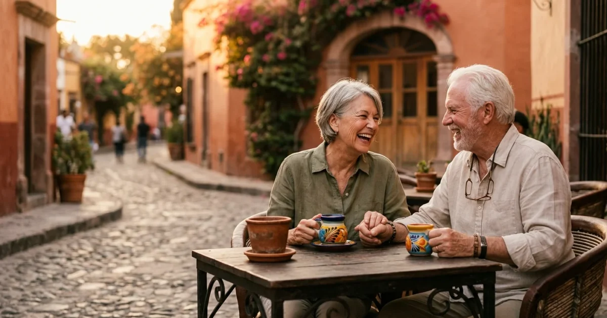 A retired couple laughs together at an outdoor cafe in Mexico, basking in warm golden hour light.