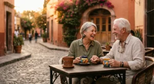 A retired couple laughs together at an outdoor cafe in Mexico, basking in warm golden hour light.