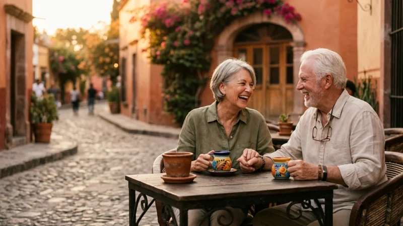 A retired couple laughs together at an outdoor cafe in Mexico, basking in warm golden hour light.