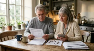 A retired couple reviews financial papers at a sunlit kitchen table, planning their budget.