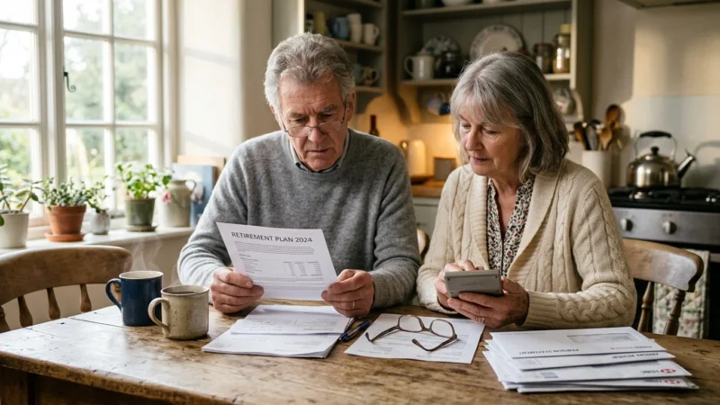 A retired couple reviews financial papers at a sunlit kitchen table, planning their budget.