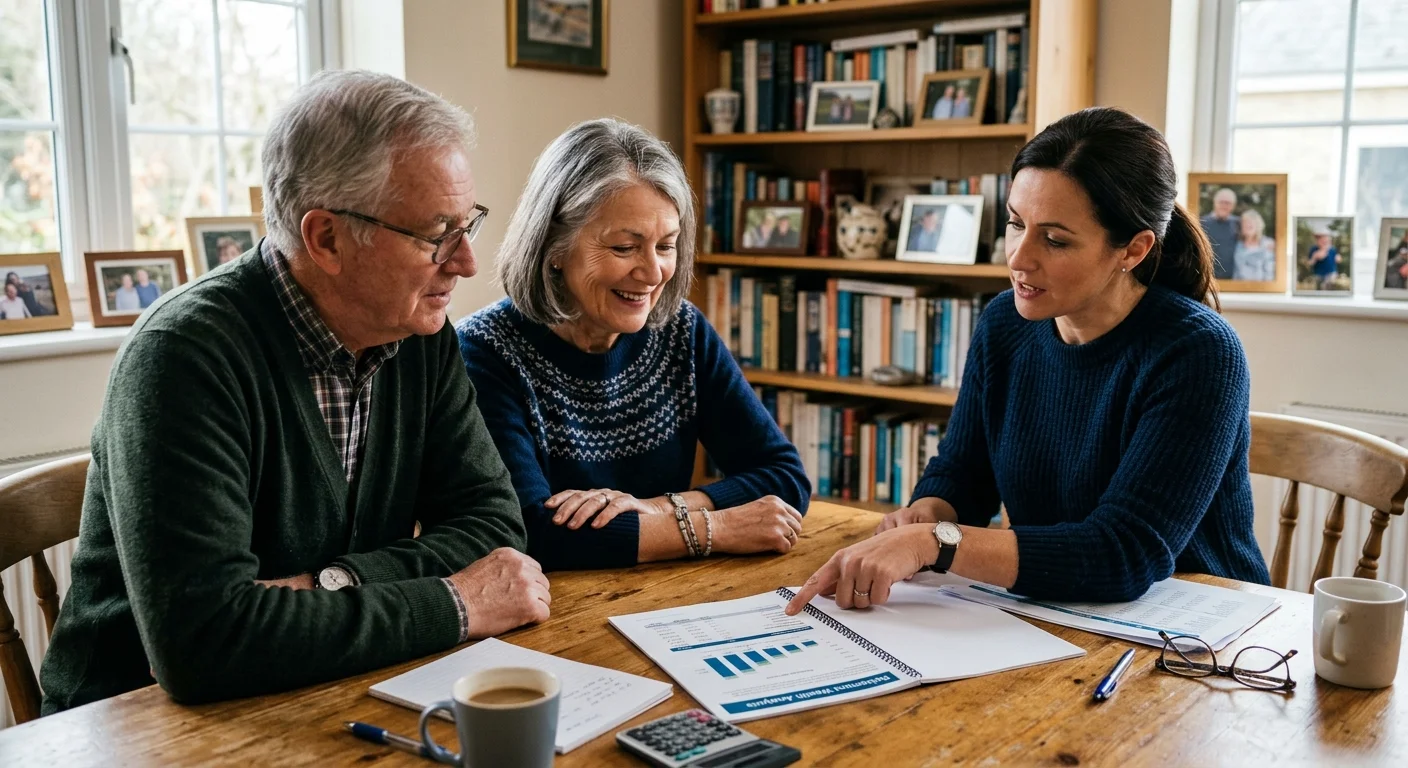 A retired couple sitting at their dining table, reviewing financial documents with a professional advisor in a warm home setting.