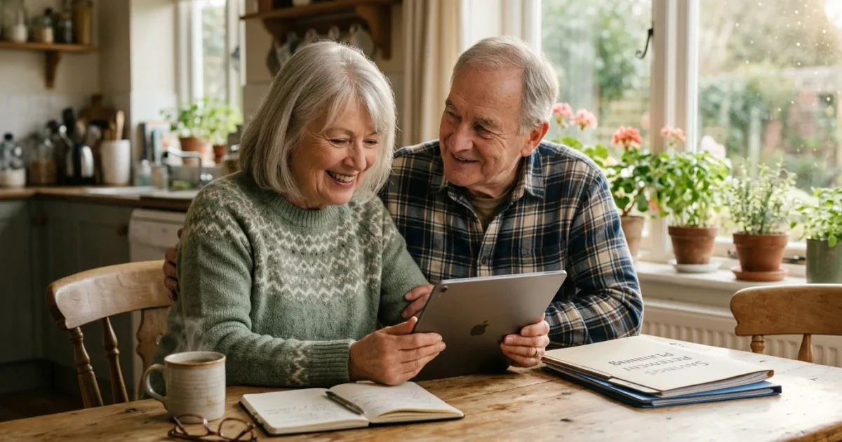 A retired couple smiling together while securely viewing their direct deposit accounts on a tablet in their sunlit kitchen.