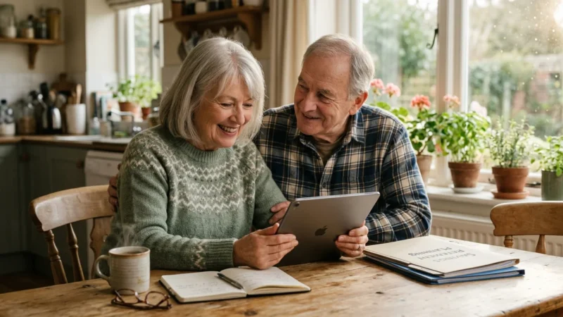 A retired couple smiling together while securely viewing their direct deposit accounts on a tablet in their sunlit kitchen.