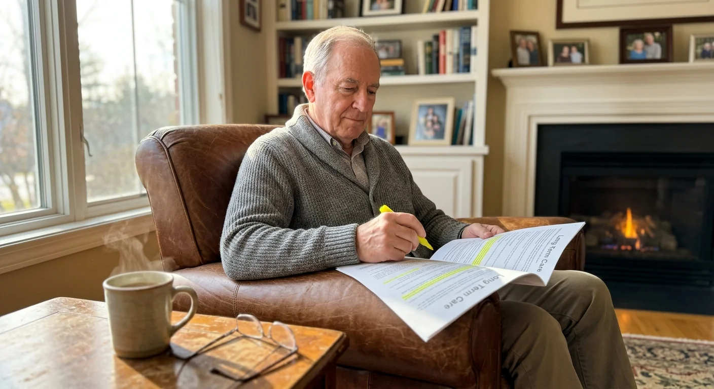 A retired man in a cozy living room reviewing his long-term care insurance policy document.