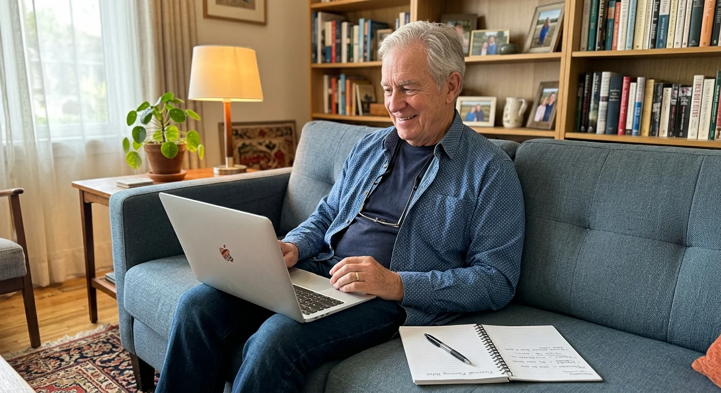 A retired man in his living room having a friendly video call consultation with a financial planner on his laptop.