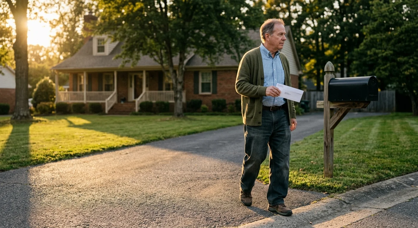 A retired man walking down a suburban driveway to mail his dispute letter in golden afternoon light.