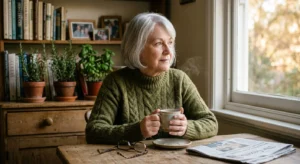 A retired school teacher in her late 60s sits thoughtfully in her sunlit kitchen, holding a warm ceramic mug in natural golden hour light.