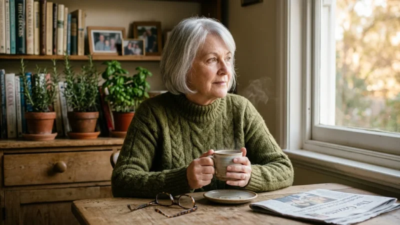 A retired school teacher in her late 60s sits thoughtfully in her sunlit kitchen, holding a warm ceramic mug in natural golden hour light.
