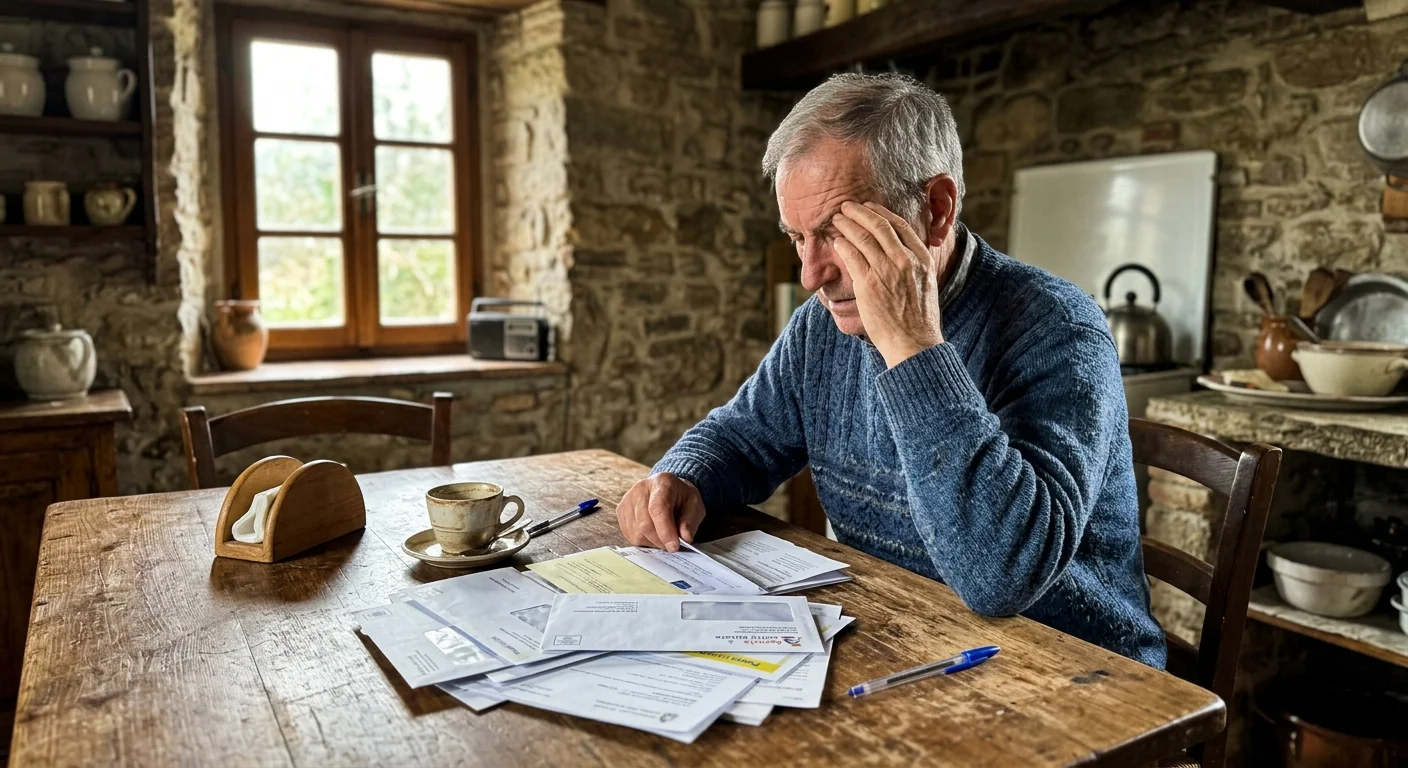 A retiree looks frustrated while reviewing a stack of mail at a rustic kitchen table.