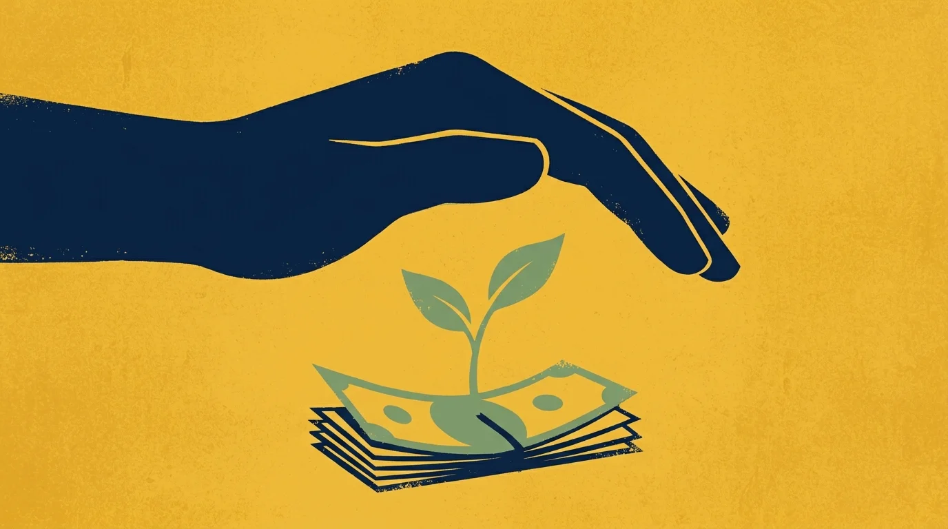 A screenprint-style illustration of a hand shielding a seedling growing out of bills, symbolizing protected cash flow.