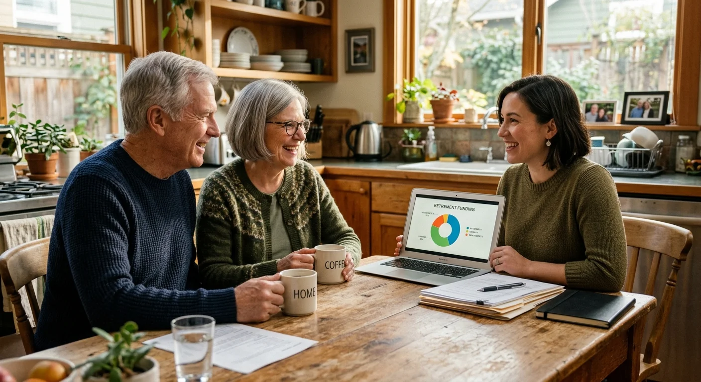 A senior couple and a financial advisor talk warmly over papers and mugs at a cozy kitchen table in natural sunlight.