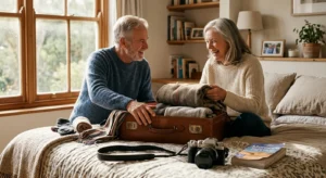 A senior couple laughs while packing a leather suitcase in a sunlit bedroom, symbolizing newfound financial freedom.
