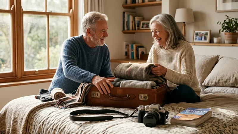 A senior couple laughs while packing a leather suitcase in a sunlit bedroom, symbolizing newfound financial freedom.