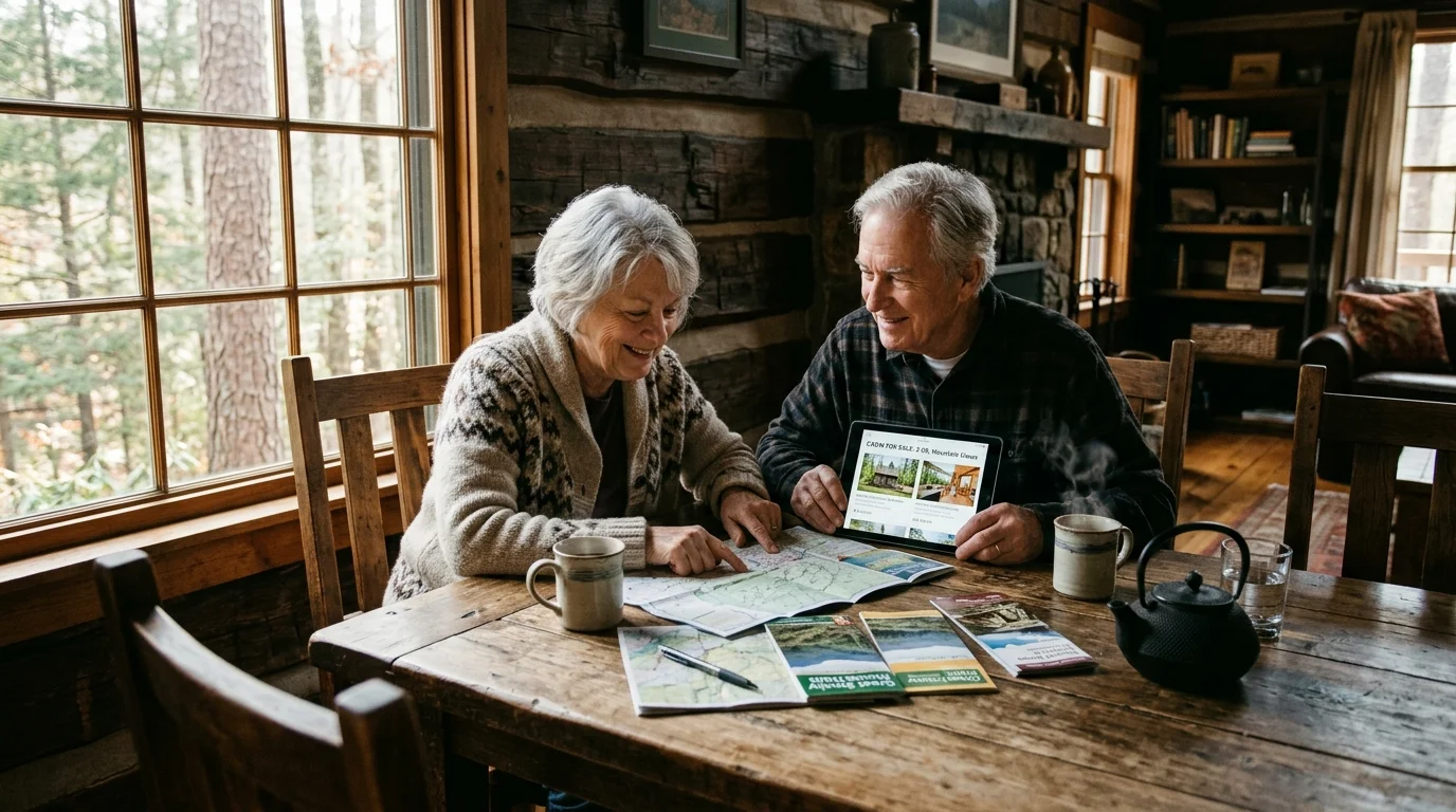A senior couple sits at a wooden table in a sunlit cabin, planning their stay with maps and local travel guides.