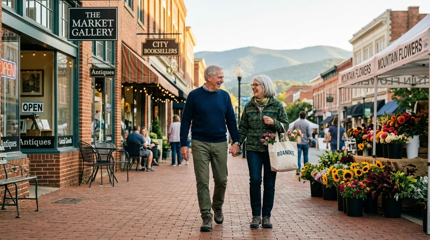 A senior couple walks down a historic brick sidewalk in downtown Roanoke with the soft Blue Ridge Mountains in the background.