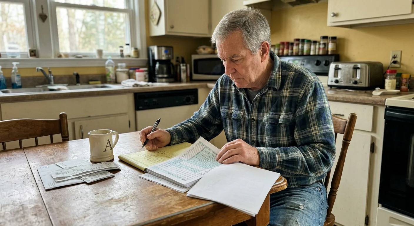 A senior man in a flannel shirt reviews financial paperwork at a sunlit kitchen table.