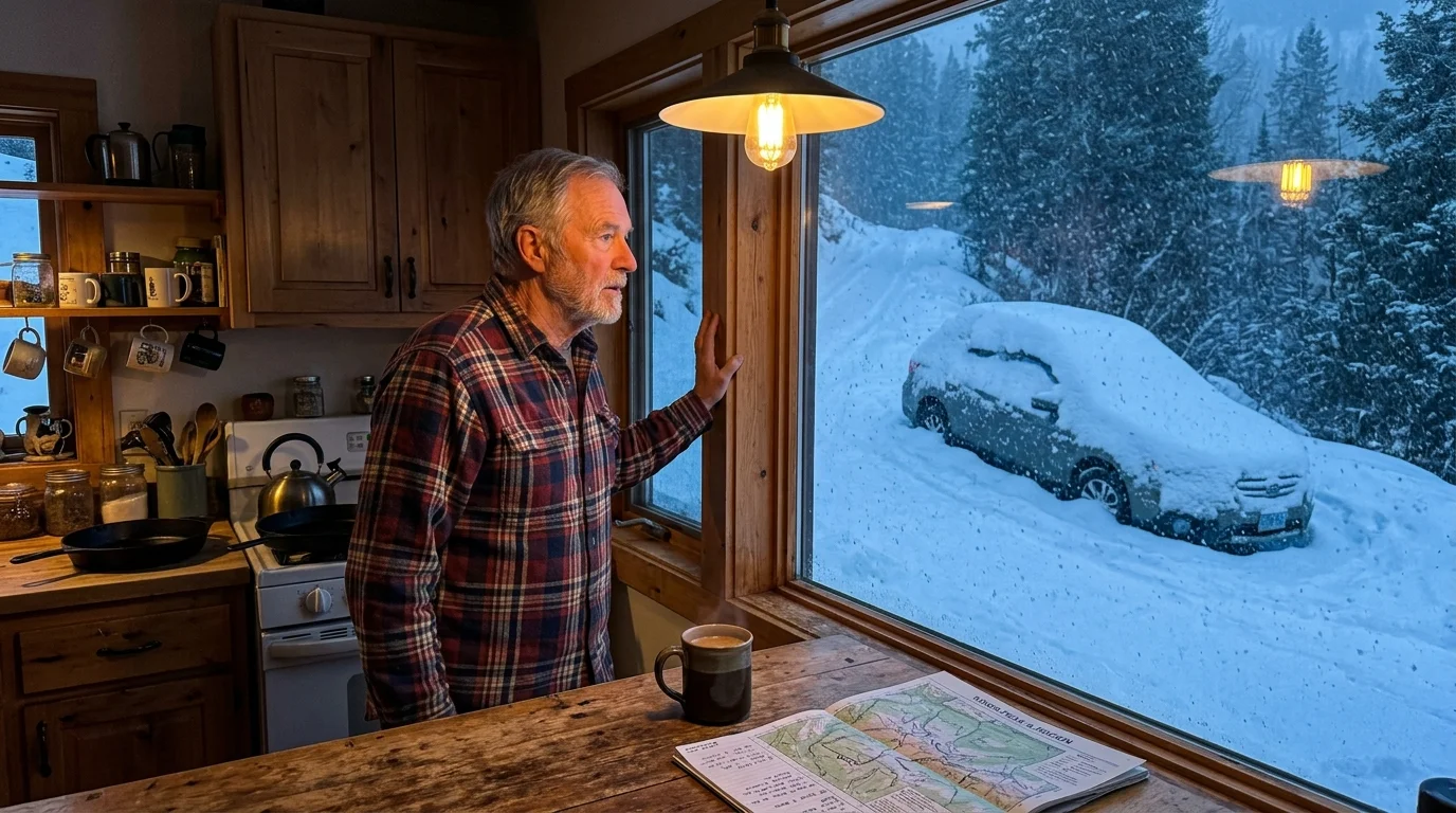 A senior man looks out his cabin kitchen window at his car covered in deep snow on a steep mountain driveway.