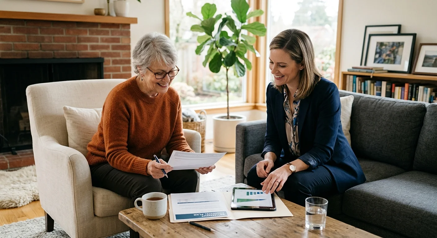 A senior woman and her financial advisor collaborate on a retirement plan in a comfortable, sunlit living room.