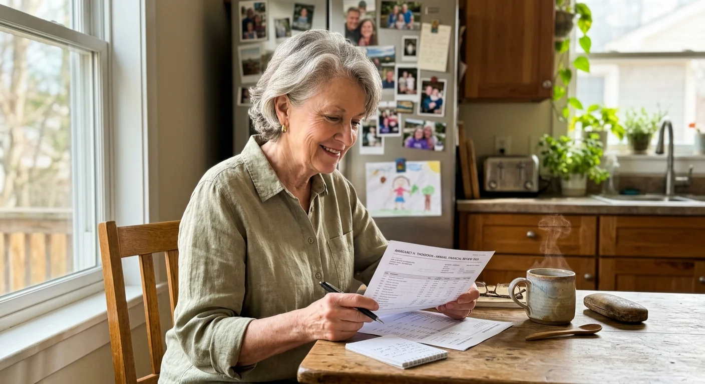 A senior woman reviews her independent pension statement with a peaceful expression at her kitchen table.