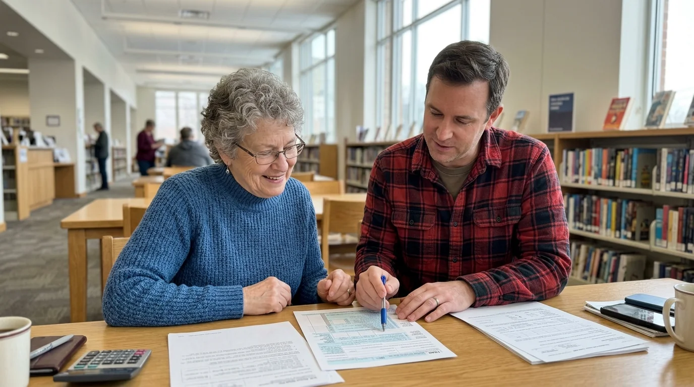 A senior woman works with a friendly volunteer on her taxes at a public library table.