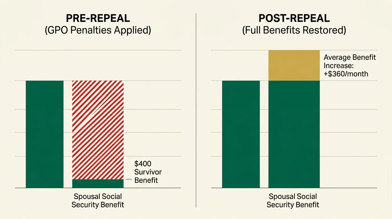 A side-by-side comparison diagram showing slashed benefits before the repeal and fully restored benefits with a $360 monthly increase post-r