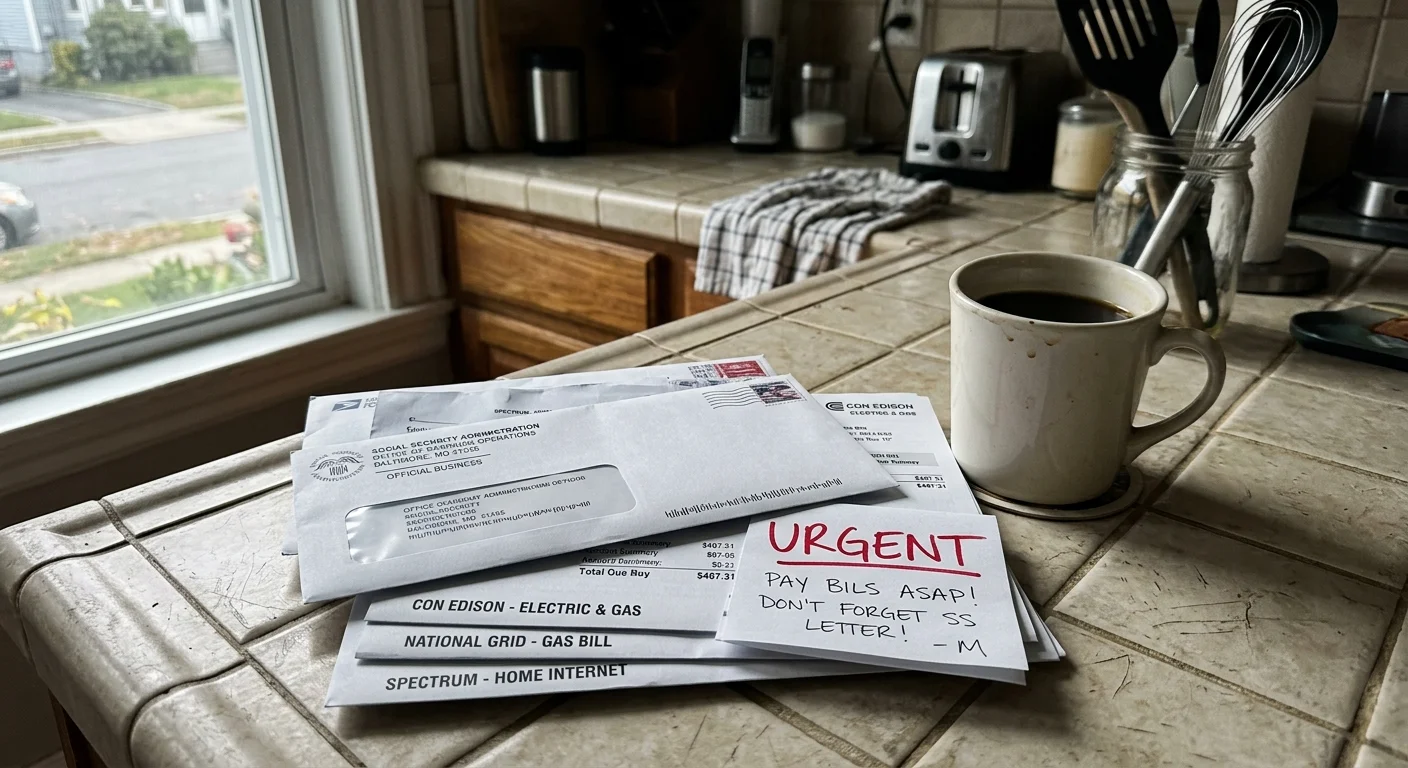 A smartphone-style photo of utility bills and a Social Security letter on a kitchen counter, highlighting financial urgency.