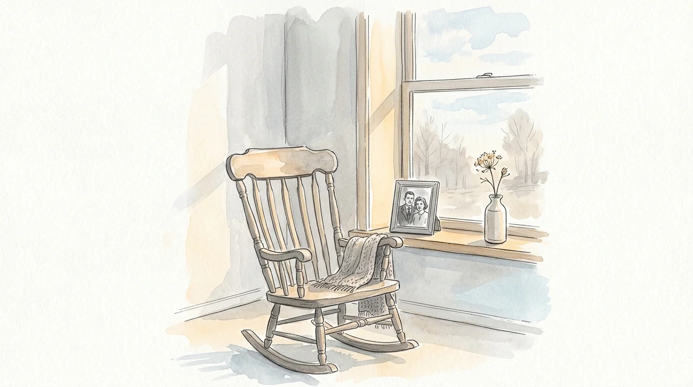 A soft watercolor illustration of a sunlit rocking chair next to a window with a framed photo on the sill.