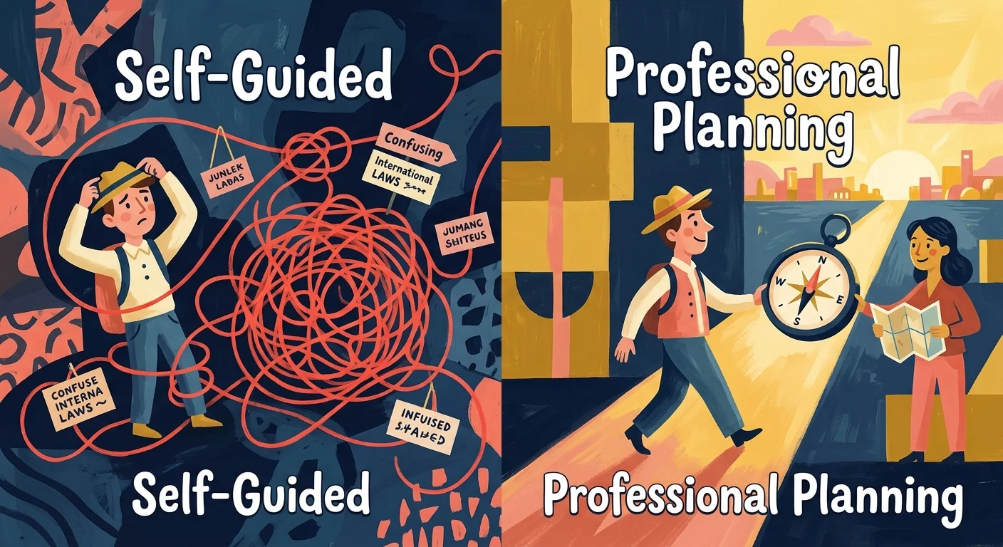 A split gouache illustration comparing a confused traveler with knotted string to a guided traveler walking a clear golden path.