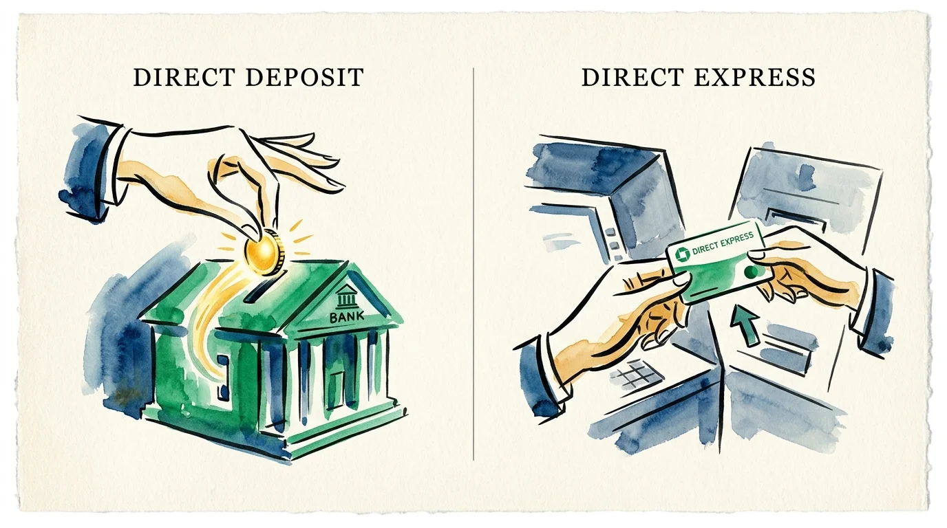 A split-panel watercolor illustration showing a direct deposit coin going into a bank on one side, and a Direct Express card on the other.