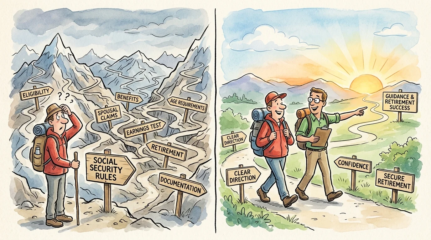 A split-screen illustration showing a confused hiker in a maze of rules versus a guided hiker walking a clear, sunny path.