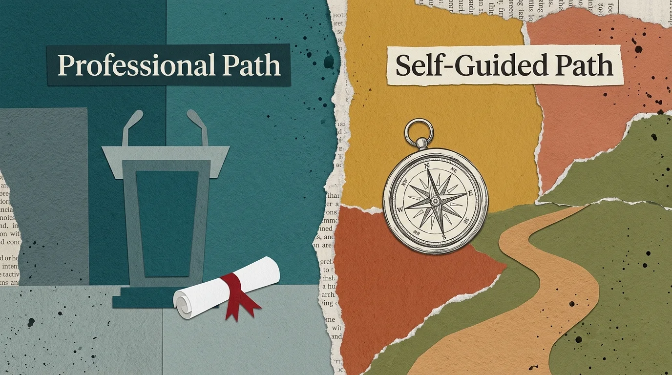 A split-screen paper collage comparing structured professional paths with winding, self-guided mentoring journeys.