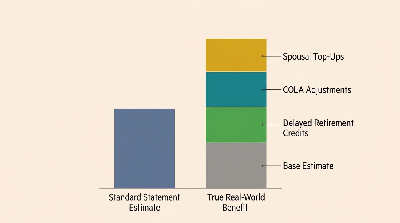 A stacked bar chart comparing a lower standard statement estimate against a taller real-world benefit built from delayed credits and COLA.