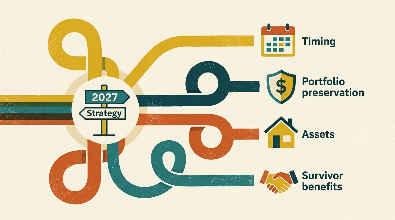 A stylized screenprint illustration showing four strategic paths diverging from a central 2027 strategy signpost.