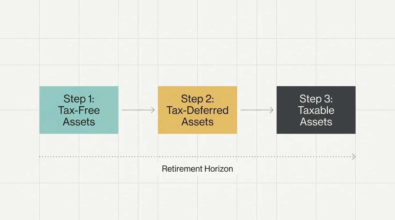 A three-step horizontal flowchart showing the strategic withdrawal order from Tax-Free to Tax-Deferred and Taxable assets.