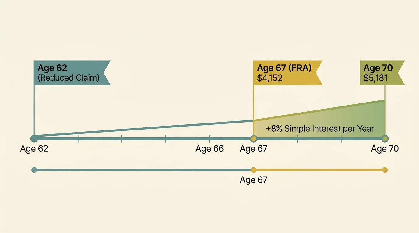 A timeline infographic showing individual benefit growth from age 62 to age 70 alongside a flat line for spousal benefits.