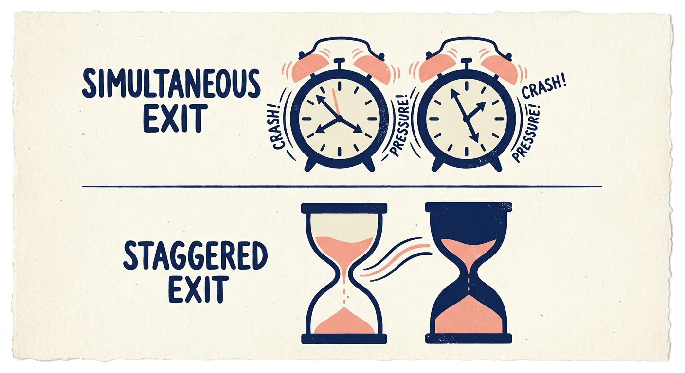 A two-panel illustration comparing frantic dual alarms for a simultaneous exit against a calm, sequential flow of hourglasses for a staggere