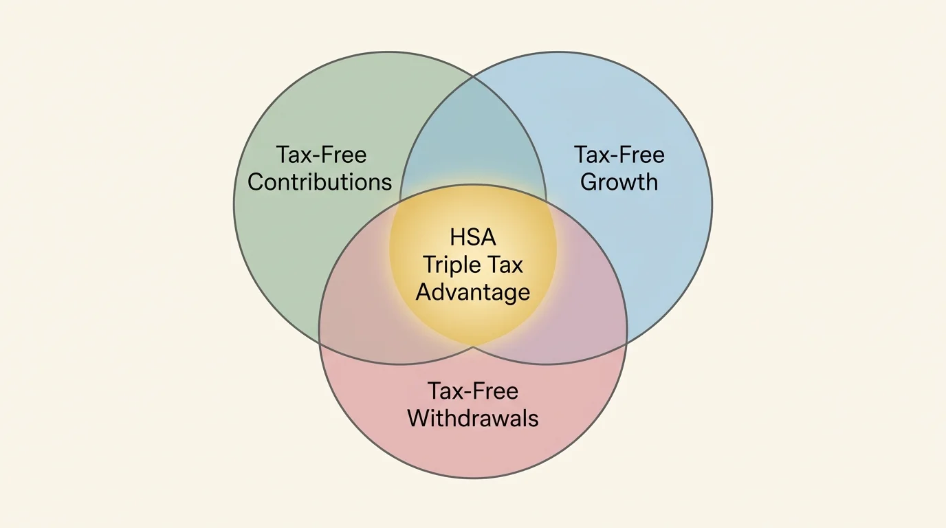 A Venn diagram illustrating the triple tax advantage of an HSA: tax-free contributions, growth, and withdrawals.