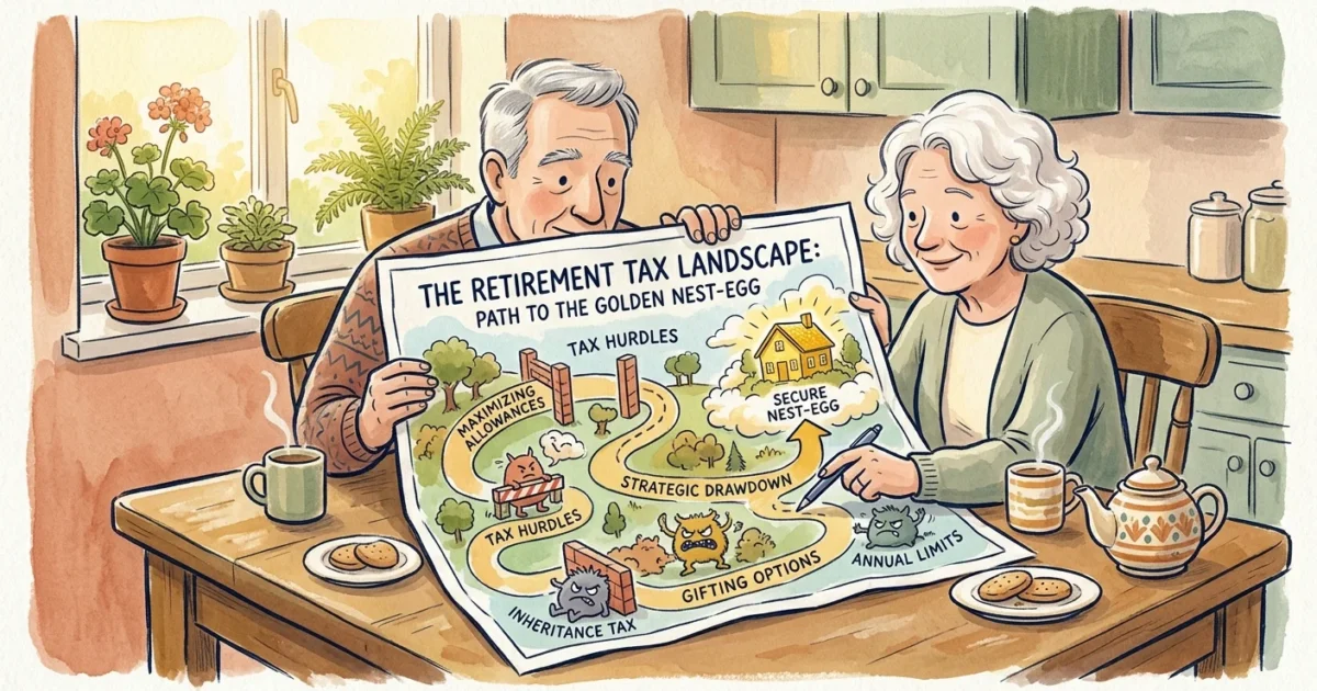 A warm gouache illustration of an older couple looking at a creative tax map towards a golden nest egg.