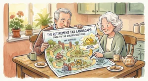 A warm gouache illustration of an older couple looking at a creative tax map towards a golden nest egg.