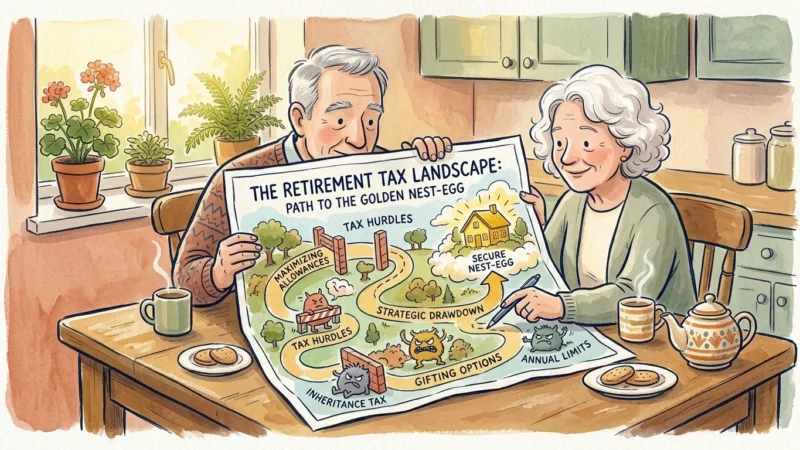 A warm gouache illustration of an older couple looking at a creative tax map towards a golden nest egg.