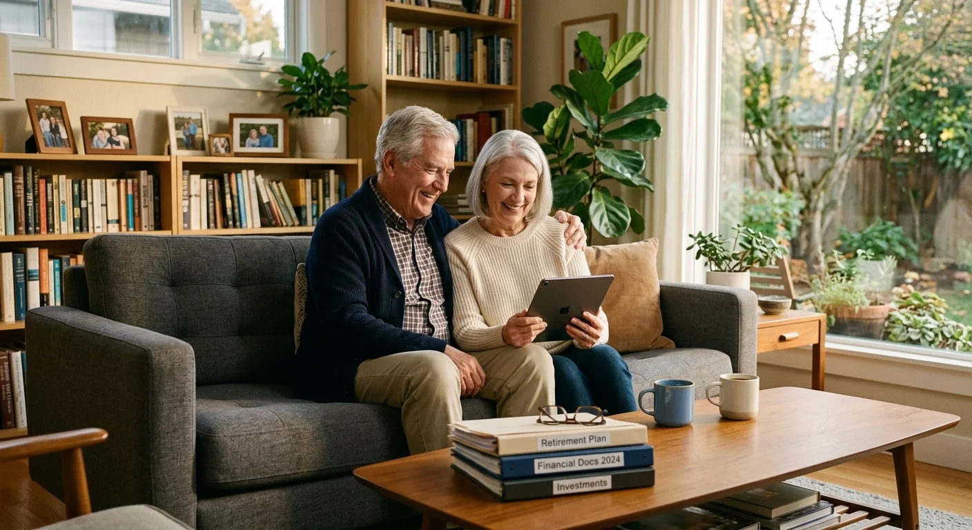 A warm photograph of a retired couple sitting on a cozy living room sofa, smiling as they review financial plans on a tablet.