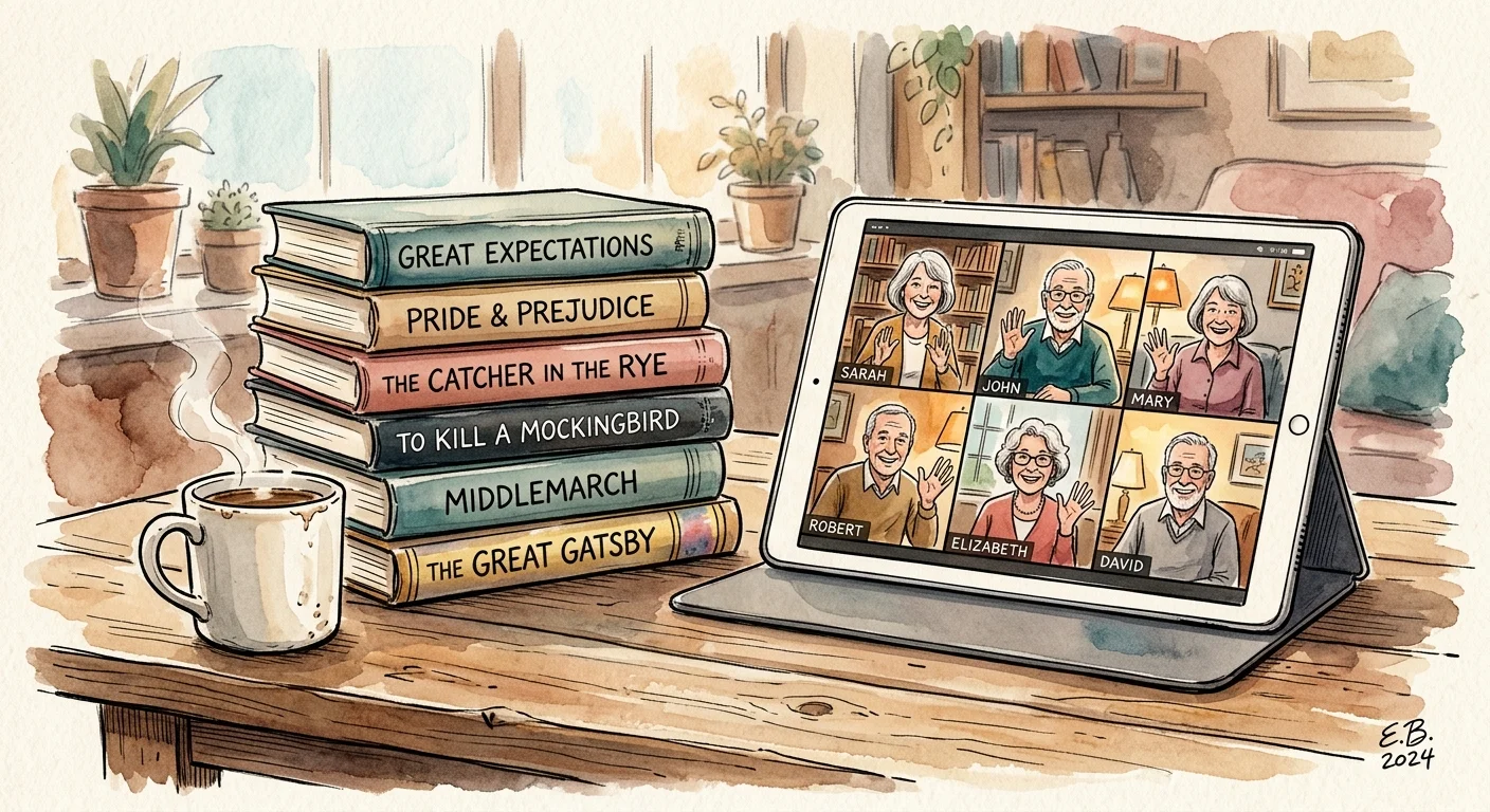 A watercolor drawing of a stack of books and a tablet displaying a friendly group video call on a table.