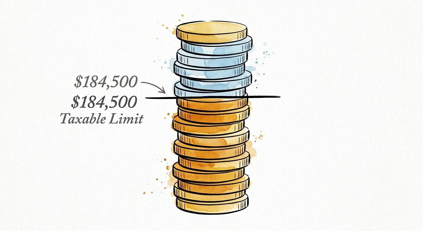 A watercolor illustration of a coin stack divided by a line at $184,500, representing the maximum taxable wage limit.