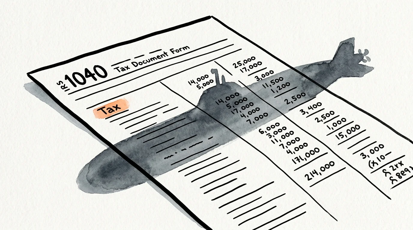 A watercolor illustration of a tax document with a dramatic shadow shaped like a torpedo, representing the Tax Torpedo.