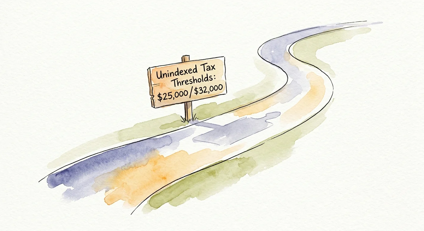 A watercolor illustration of a winding pathway with a warning sign for the $25,000 and $32,000 tax thresholds.