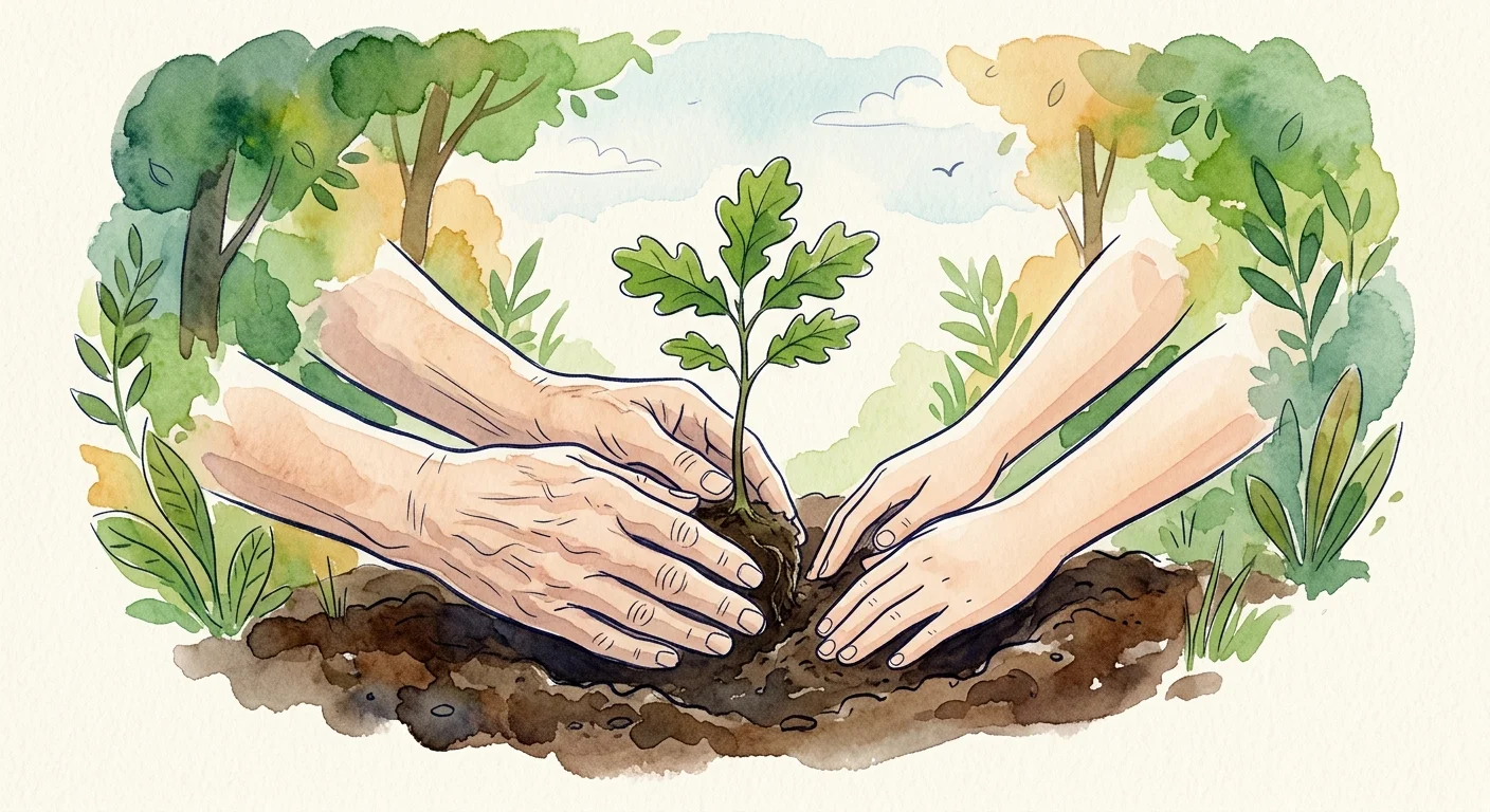 A watercolor illustration of older and younger hands planting a small green sapling together.